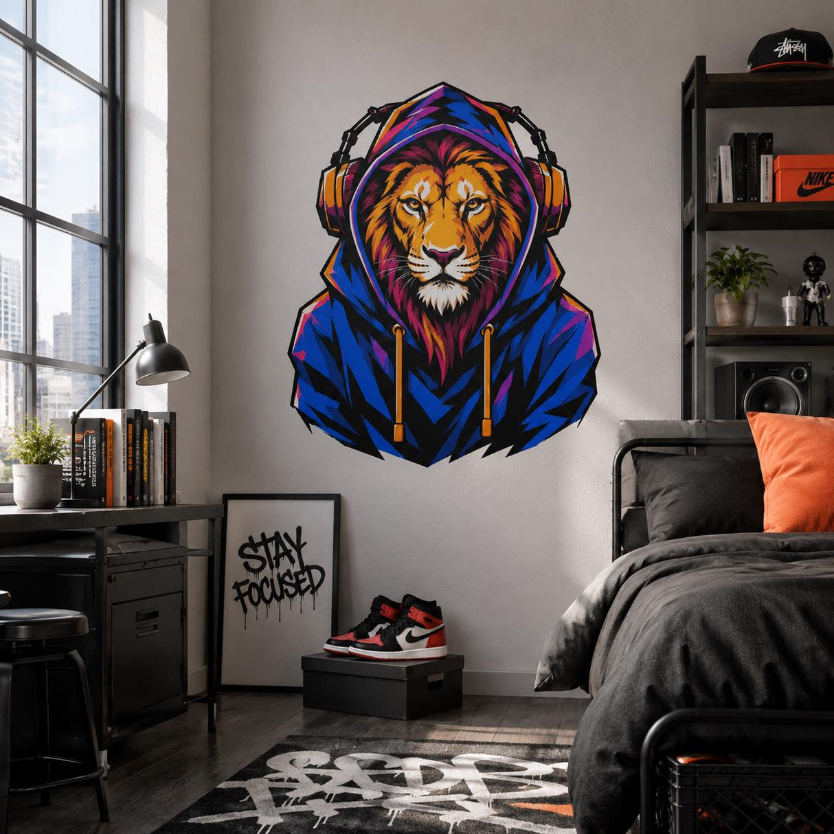 Lion in Hoodie Wall Vinyl Decal | Colorful Gamer Lion Sticker | Urban Streetwear Animal Wall Art | Teen Bedroom Gaming Room Decor