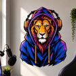 Colorful lion wearing a bright blue hood and large headphones, illustrated in vivid orange, pink, purple, blue, and black urban street-art style.