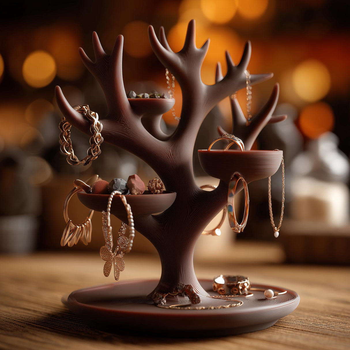 Brown 3D printed antler-style jewelry holder on a wooden surface, with branching antlers, small bowl trays, and jewelry hanging from the branches.