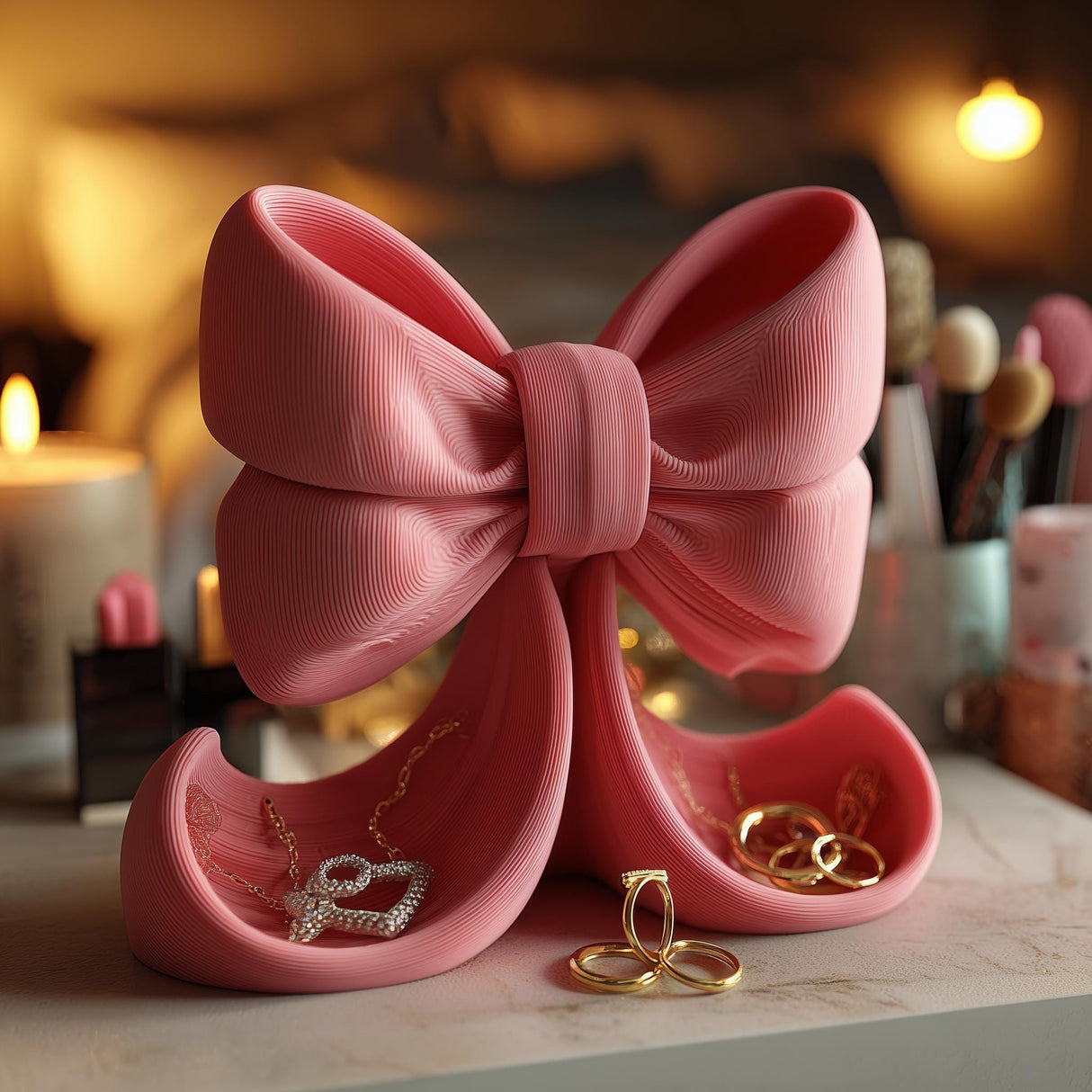 Ribbon-shaped 3D printed jewelry organizer with curved trays for small accessories.