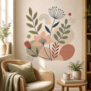 Abstract peach flower, terracotta circle and sage leaf wall decal above a woven armchair in a bright room.