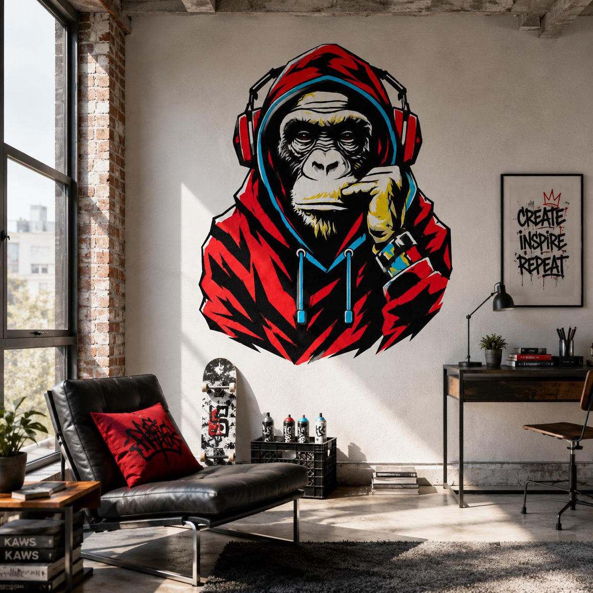 Gorilla Wall Decal with Headphones | Red Hoodie Monkey Wall Sticker | Urban Graffiti Wall Art for Gaming Room, Creative Studio or Urban Loft