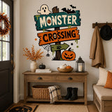 Halloween Monster Crossing Wall Art Print | Spooky Sign Decor | Ghost Bat Pumpkin Poster | Kids Halloween Room Decor | Haunted House Artwork
