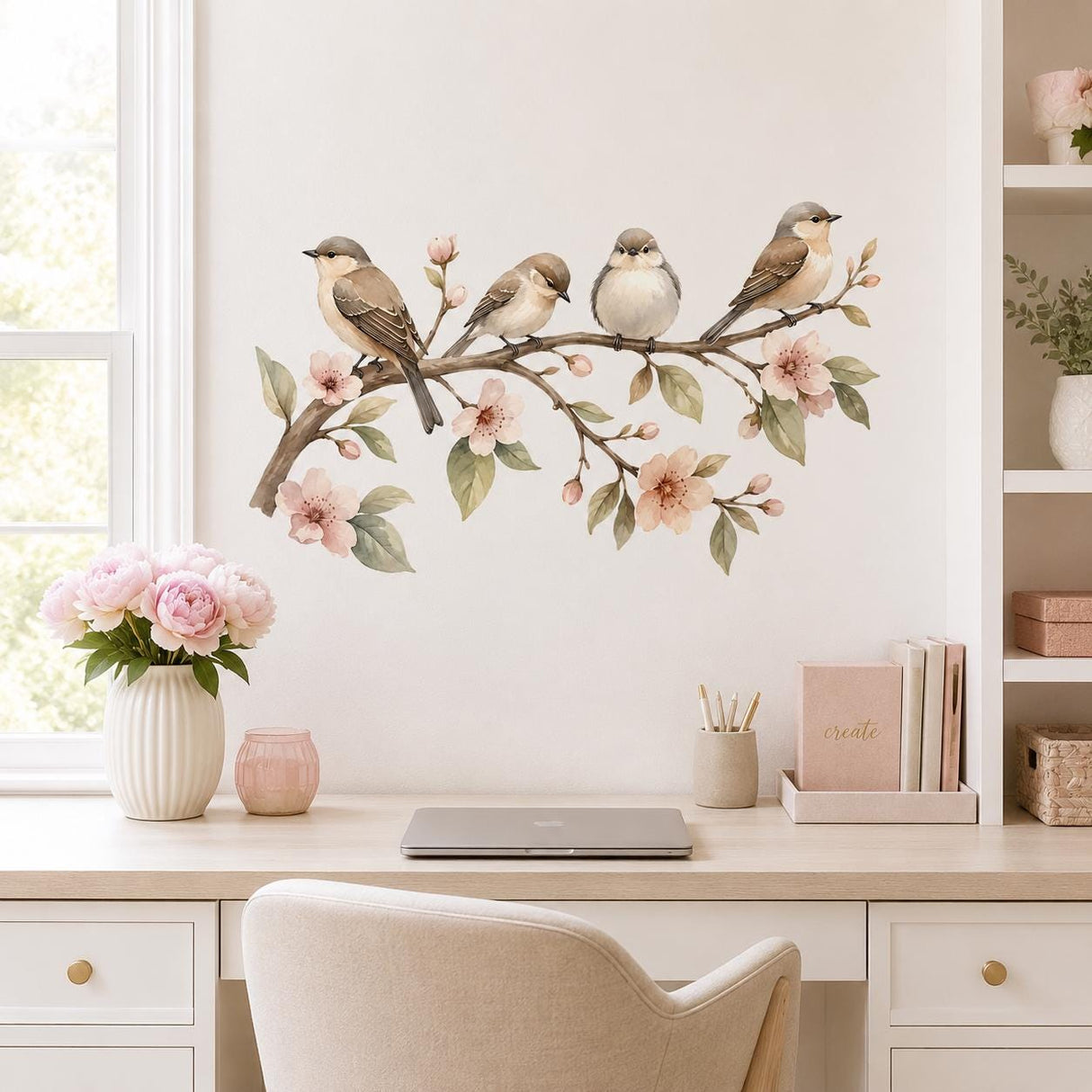 Watercolor Birds Wall Decal | Birds on Branch Wall Sticker | Floral Bird Wall Art | Botanical Bedroom Decor | Spring Blossom Wall Decoration