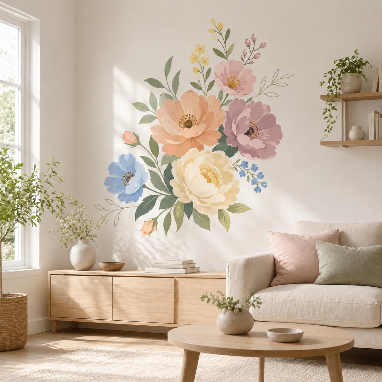 Pastel Floral Wall Decal | Botanical Flower Wall Sticker | Wildflower Bouquet Wall Art | Bedroom Decor | Soft Spring Flowers Wall Decoration