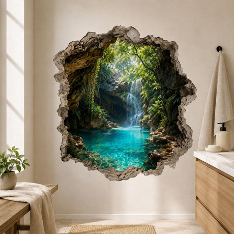 Tropical waterfall wall decal with a rocky cave and turquoise lagoon portal