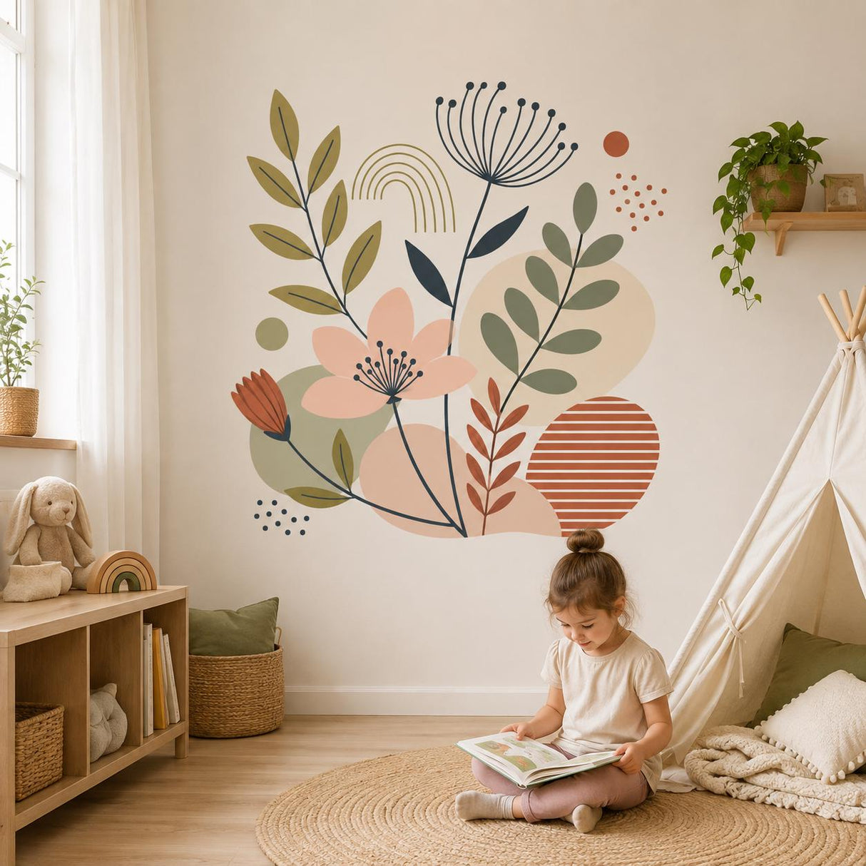 Botanical Wall Decal | Abstract Floral Wall Sticker | Boho Flower Art | Sage Green Terracotta Decor | Modern Home Nursery Bedroom Wall Decor