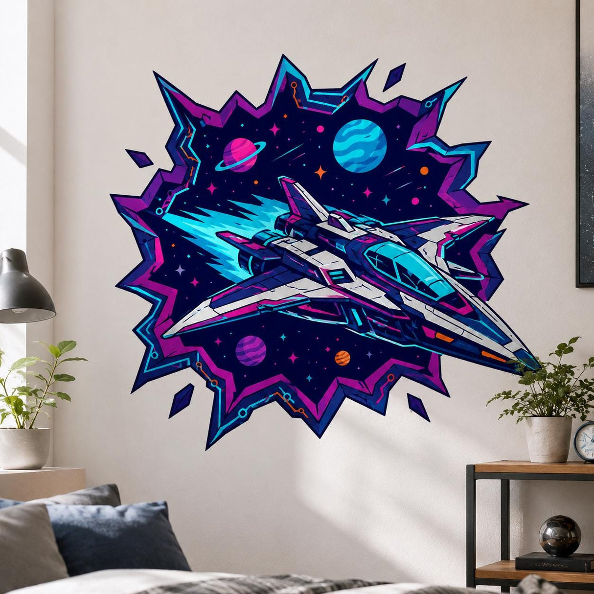 Spaceship Wall Art Print | Neon Sci Fi Space Decor | Futuristic Starship Artwork | Galaxy Planet Poster | Gamer Room Decor | Cosmic Wall Art
