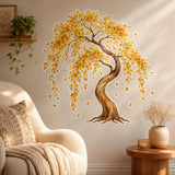 Watercolor-style tree with a curved brown trunk, cascading golden-yellow and amber leaves, and several individual falling leaves against a white background.
