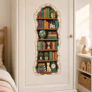 Illustrated stone-framed bookshelf niche filled with colorful books, trailing plants, a globe, hourglass, candle lantern, miniature house, potted plant, sitting cat, and classic clock on warm wooden shelves.