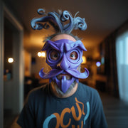 3D printed character mask with arched eyebrows, a long pointed nose and a sculpted mustache.