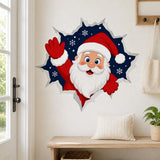 Cheerful cartoon Santa Claus in a red suit and hat waving through a jagged broken-wall opening, with a dark blue winter scene, white snowflakes, and stars behind him.
