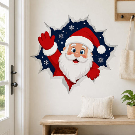 Santa Claus wall decal waving through a snowy Christmas broken-wall opening