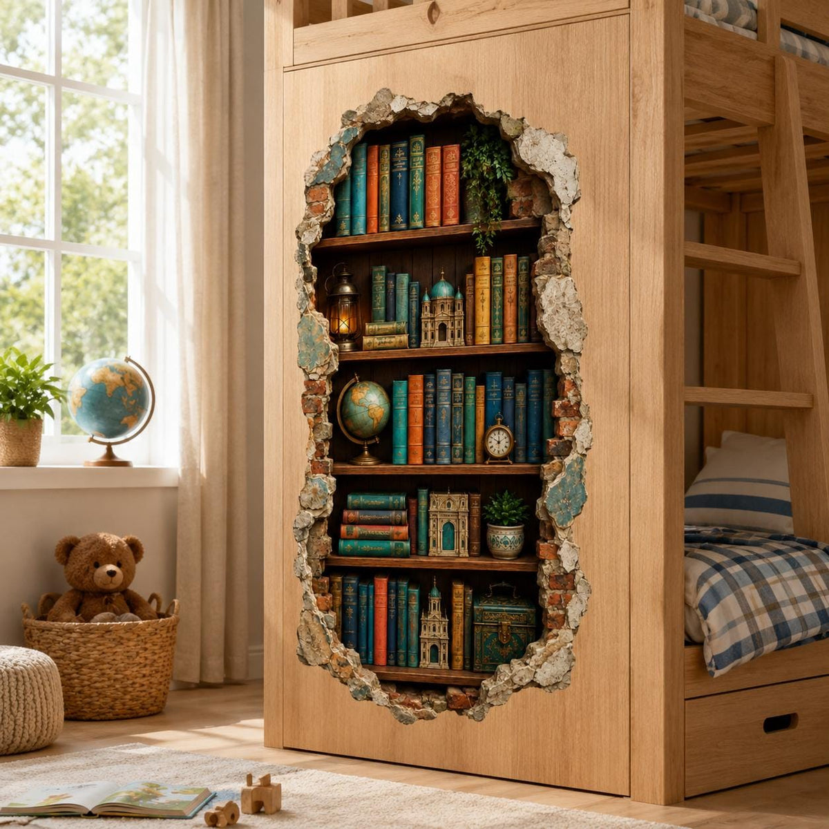 Винтажная книжная стена с книгами и декоративными предметами в проёме с эффектом кирпича.