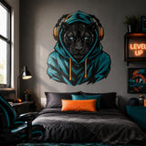 Black leopard gamer wall decal with turquoise eyes, a teal hoodie and orange-accented headphones