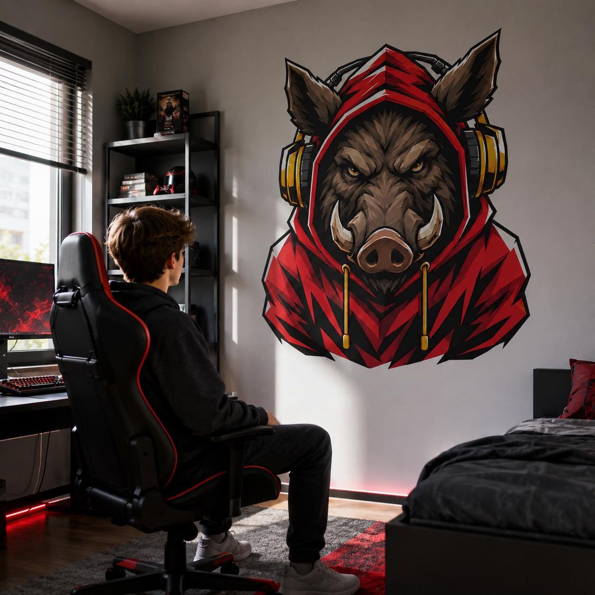 Wild Boar Gaming Wall Decal | Gaming Animal Wall Sticker | Red Hoodie Animal Decor | Teen Game Room Wall Art | Gamer Bedroom Wall Decoration