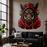 Wild Boar Gaming Wall Decal | Gaming Animal Wall Sticker | Red Hoodie Animal Decor | Teen Game Room Wall Art | Gamer Bedroom Wall Decoration
