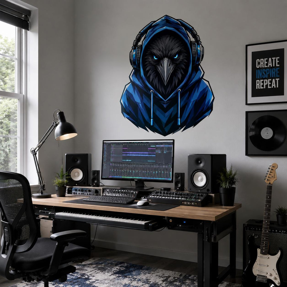 Raven Gamer Wall Decal | Gaming Raven Wall Sticker | Blue Hoodie Animal Decor | Teen Game Room Wall Art | Blue Gamer Bedroom Wall Decoration