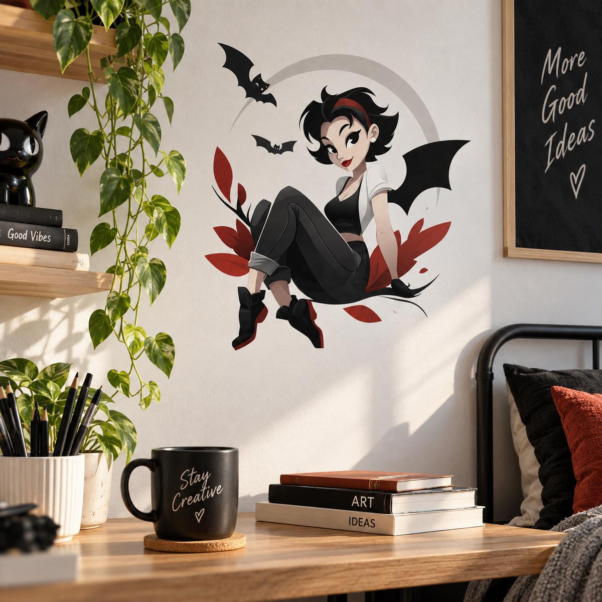 Gothic Bat Girl Wall Decal | Cute Spooky Vinyl Sticker | Gothic Bedroom Decor | Dark Kawaii Anime Wall Art | Vampire Inspired Moon Decor