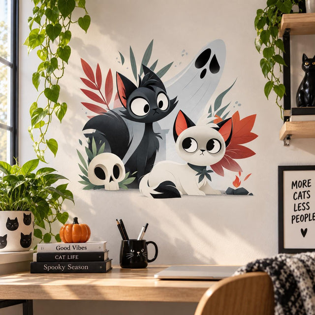 Black and cream cats wall decal with a pale ghost, small skull, orange flame and rust-red and muted green foliage.