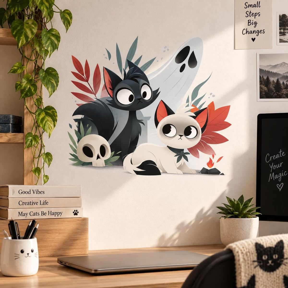 Cute Halloween Cat Wall Decal | Black and White Cats with Ghost | Whimsical Spooky Wall Decor | Vinyl Wall Sticker | Cat Lover Room Decor