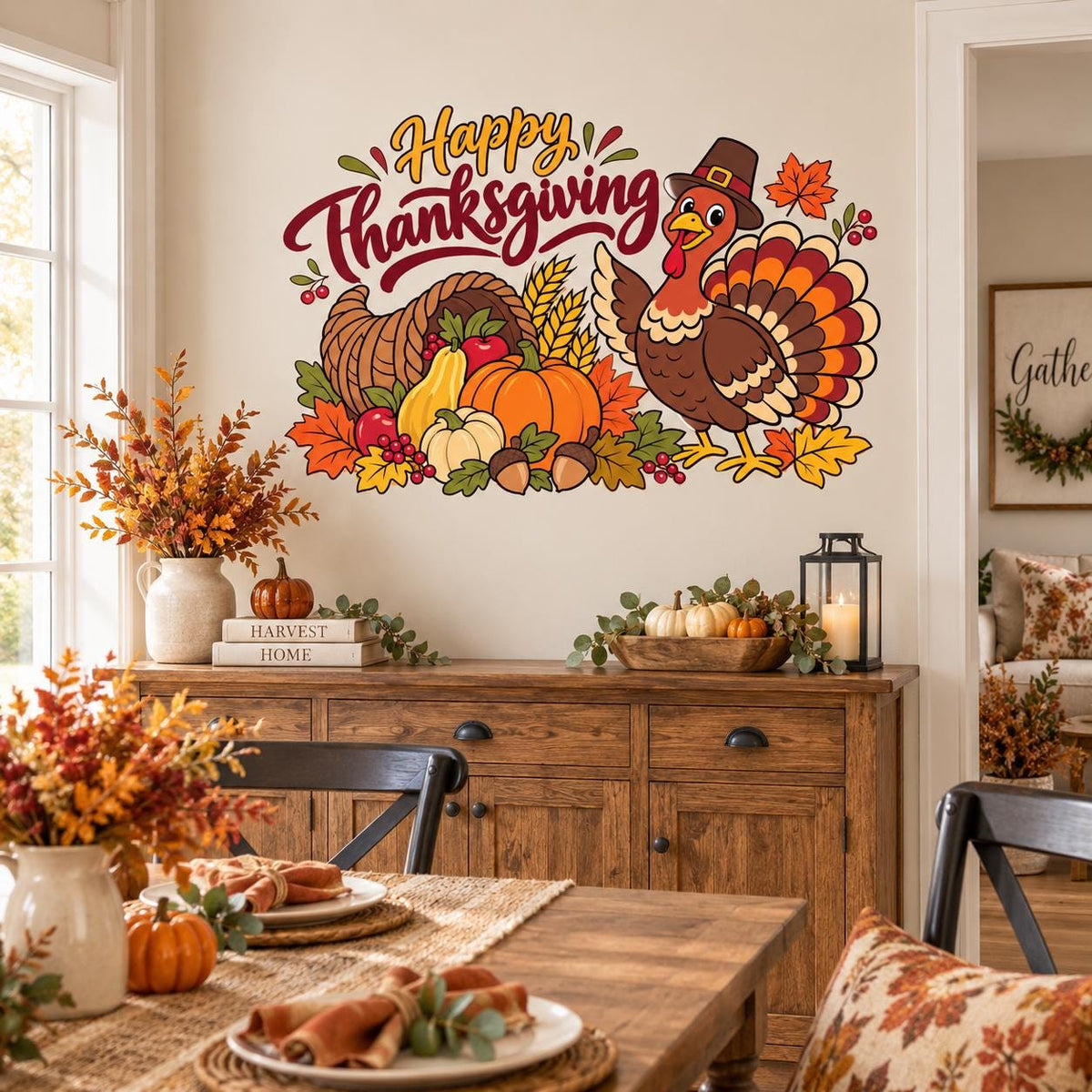 Happy Thanksgiving Wall Decal with Turkey and Cornucopia | Fall Harvest Vinyl Wall Decor | Classroom Kitchen Dining Room Decor Party Decor
