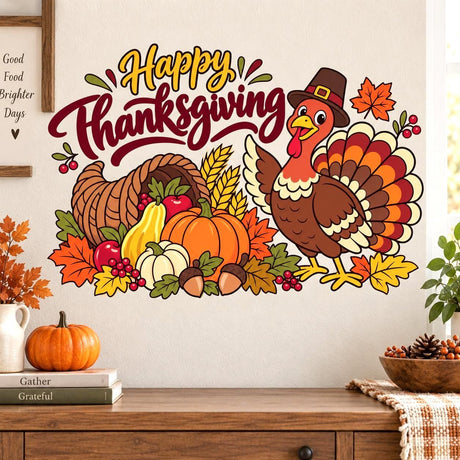 Happy Thanksgiving wall decal with gold and burgundy script, a turkey, cornucopia, pumpkins, apples, wheat and fall leaves.
