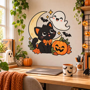 Black cat with a pumpkin bow tie beside a jack-o'-lantern, with a smiling ghost, crescent moon, bats and autumn leaves.