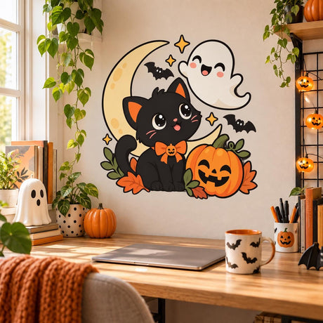 Black cat with a pumpkin bow tie beside a jack-o'-lantern, with a smiling ghost, crescent moon, bats and autumn leaves.