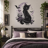 Black Cat Moon Wall Decal | Gothic Witchy Bedroom Decor | Celestial Bat and Dark Floral Vinyl Wall Sticker | Purple Gothic Room Wall Decor