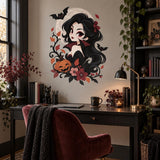 Cute Vampire Girl Wall Decal | Kawaii Halloween Vinyl Wall Sticker | Gothic Pumpkin Bat Moon Bedroom Wall Decor | Anime Style Wall Art Decor
