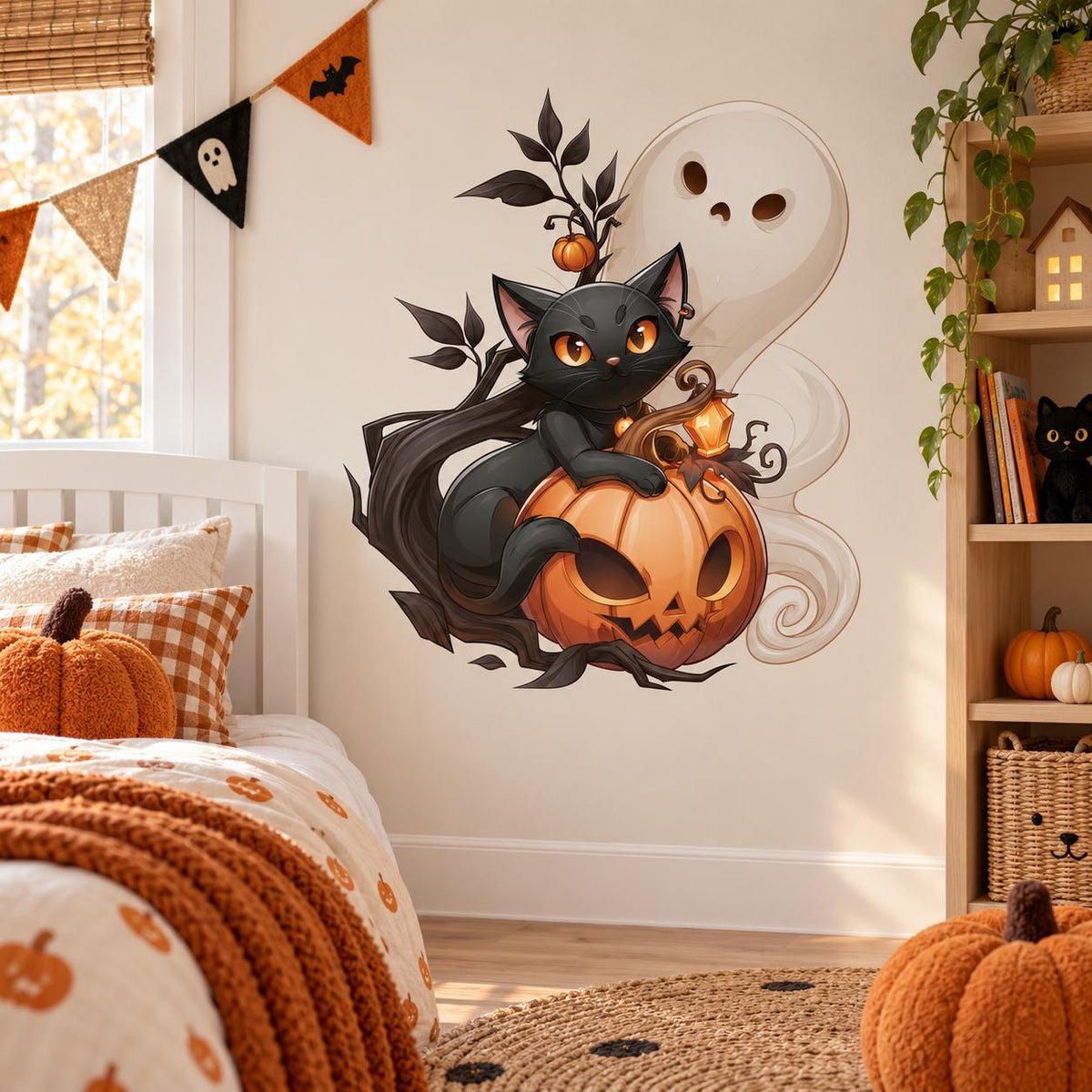 Black Cat Pumpkin Ghost Halloween Wall Decal | Cute Spooky Vinyl Wall Sticker | Fall Home Decor | Kids Room Party Decoration | Ghost Decor