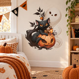 Black Cat Pumpkin Ghost Halloween Wall Decal | Cute Spooky Vinyl Wall Sticker | Fall Home Decor | Kids Room Party Decoration | Ghost Decor