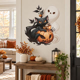 Black Cat Pumpkin Ghost Halloween Wall Decal | Cute Spooky Vinyl Wall Sticker | Fall Home Decor | Kids Room Party Decoration | Ghost Decor