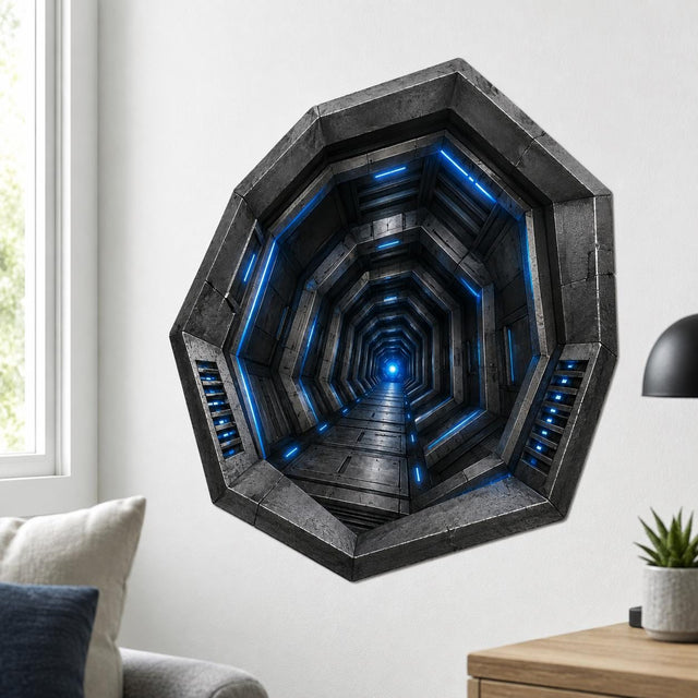 Anamorphic 3D wall decal showing a futuristic geometric metal tunnel with blue neon lights receding toward a bright glowing center.