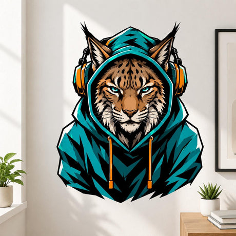 Bold illustrated lynx with tufted ears, turquoise eyes, brown-and-black facial markings, a teal hooded sweatshirt, and large teal-and-orange over-ear headphones.