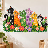 Six colorful cartoon cats sitting among dense green leaves, oversized pink, purple and white flowers, and red hearts.