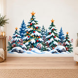 Watercolor-style snowy evergreen forest with red ornaments, berries, gold-colored stars, illustrated lights and dark rocks.