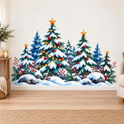 Watercolor-style snowy evergreen forest with red ornaments, berries, gold-colored stars, illustrated lights and dark rocks.