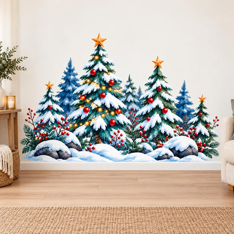 Watercolor-style snowy evergreen forest with red ornaments, berries, gold-colored stars, illustrated lights and dark rocks.