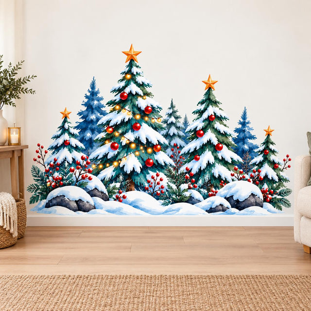 Watercolor-style snowy evergreen forest with red ornaments, berries, gold-colored stars, illustrated lights and dark rocks.