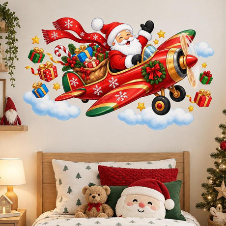 Santa flying a red propeller plane with snowflakes, followed by a sleigh of presents, with candy canes, stars and clouds.