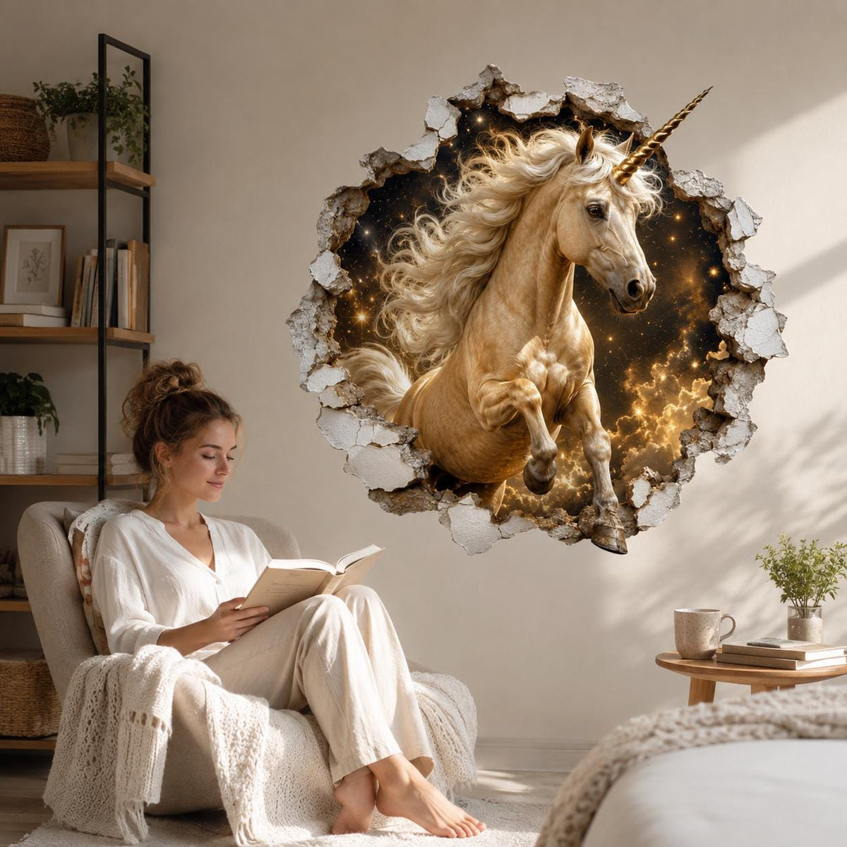 Golden Unicorn 3D Wall Decal | Fantasy Unicorn Wall Sticker | Broken Wall Illusion | Magical Horse Decor | Kids Room Decor | Cosmic Wall Art