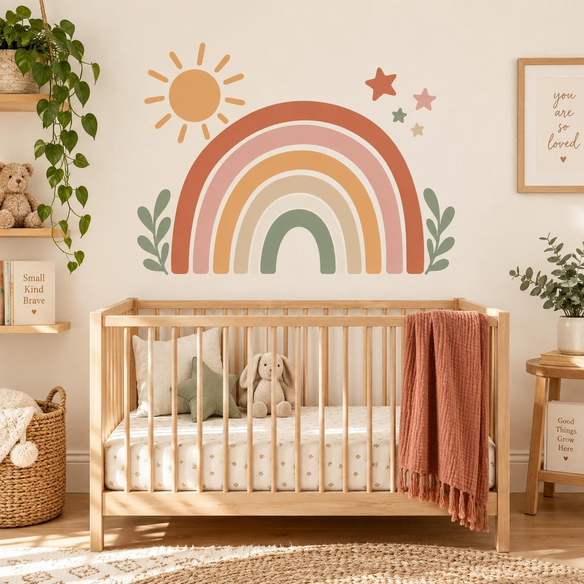 Boho Rainbow Wall Decal with Sun and Stars | Neutral Nursery Wall Decor | Retro Kids Room Vinyl Sticker | Earth Tone Playroom Wall Decor