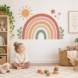Boho Rainbow Wall Decal with Sun and Stars | Neutral Nursery Wall Decor | Retro Kids Room Vinyl Sticker | Earth Tone Playroom Wall Decor
