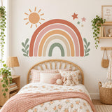 Boho Rainbow Wall Decal with Sun and Stars | Neutral Nursery Wall Decor | Retro Kids Room Vinyl Sticker | Earth Tone Playroom Wall Decor
