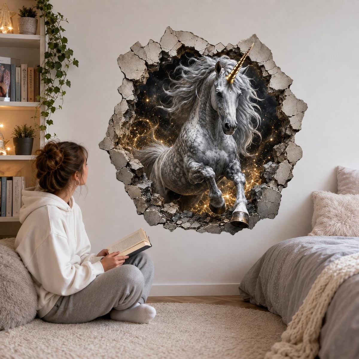 Silver Unicorn 3D Wall Decal | Fantasy Unicorn Wall Sticker | Broken Wall Illusion | Magical Horse Decor | Kids Room Wall Art | Cosmic Decor