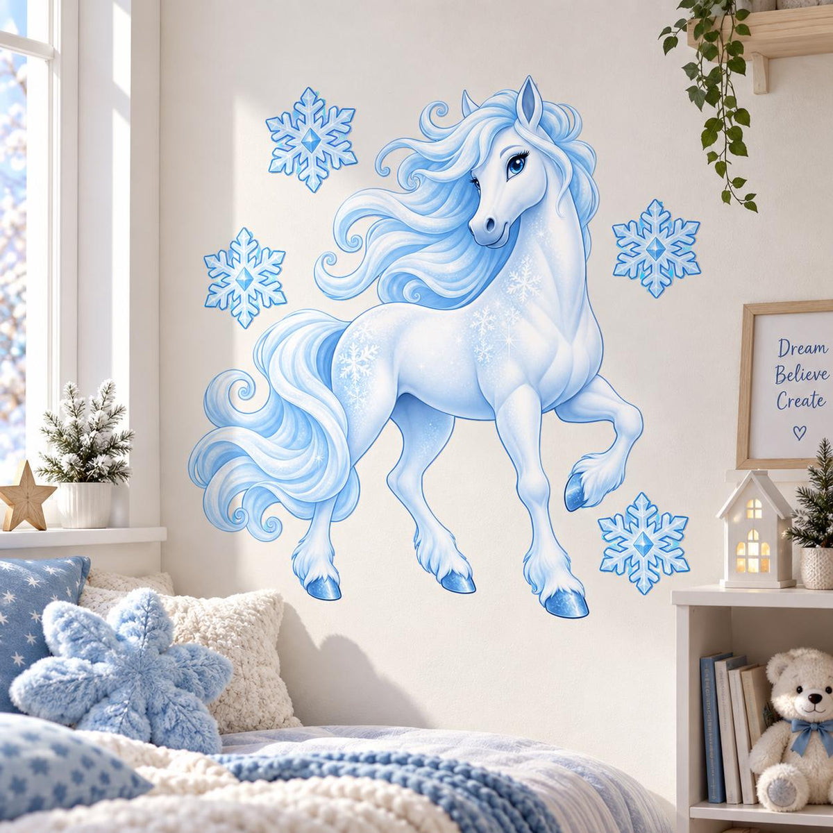 Winter Unicorn Wall Decal with Snowflakes | Icy Blue Vinyl Nursery Decor | Whimsical Kids Bedroom Wall Sticker | Fantasy Room Decoration
