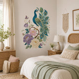 Floral Peacock Wall Decal | Teal and Gold Botanical Bird Vinyl Sticker | Colorful Living Room Bedroom Wall Decor | Ornate Nature Decor Art