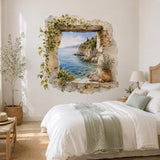 Stone Window Ocean View Wall Decal | Watercolor Mediterranean Coastal Mural | Rustic Seaside Wall Sticker | Vinyl Wall Decor | Seaside Decor